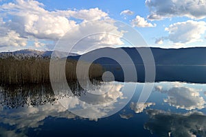 Clouds reflected in a blue lake