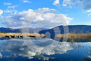 Clouds reflected in a blue lake