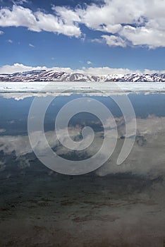 Clouds are reflected in the ice-free water of Sacred Lake Rakshastal.