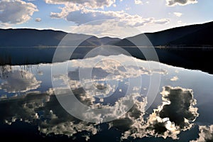 Clouds reflected in a lake before sunset