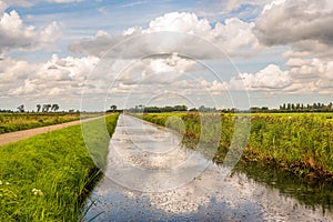 Clouds reflected in the smooth water surface of a ditch