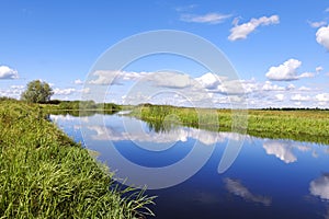 Clouds reflections the water.  Wild river nature cloudscape summer day. Rushes by swamp and beautiful blue cloud sky