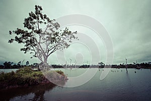 Clouds and river, natural vintage background