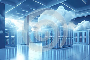 Clouds in the server room, 3d render. Cloud computing concept, Backup cloud data service center. 3D rendering, AI Generated