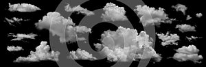 Clouds set isolated on black background. White cloudiness, mist or smog background. Collection of different clouds