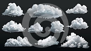 Clouds set isolated on transparent background showing realistic cumulus clouds. Abstract fog, mist, evaporation and gas