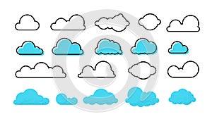 Clouds set. Trendy different flat clouds with grunge texture and outline shapes, modern meteorology symbols. Vector set photo