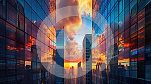 clouds and the setting sun reflected on the glass surface of buildings, blending urban architecture with natural