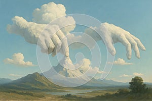 Clouds in the shape of hands create a mountain.