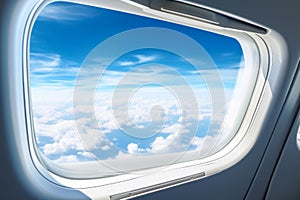 Clouds and sky as seen through window of an aircraft with airplane's wing