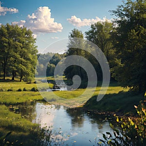 clouds in the sky over Narew river boat green trees countryside and Poland water...