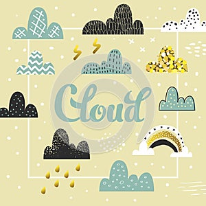 Clouds and Sky Spring Design. Summer Childish Background with Rainbow for Cover, Decoration, Prints