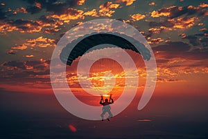 In the Clouds, Skydivers Soaring Through the Sky at Sunset. AI Generated