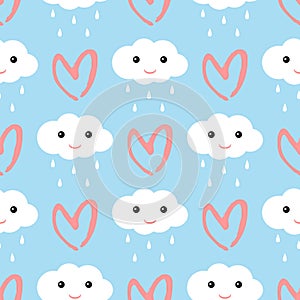 Clouds with a smiling face and raindrops. Heart drawn by hand brush strokes. Cute seamless pattern.