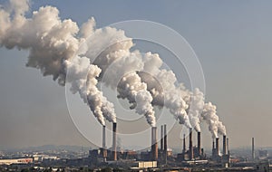 Clouds of smoke belching from factory chimneys polluting the city sky