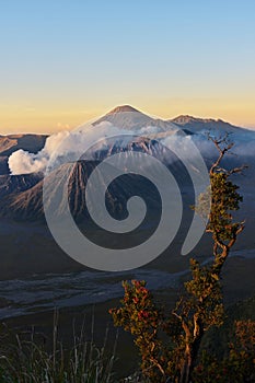 Clouds of smoke on Mount Bromo volcano, Indonesia