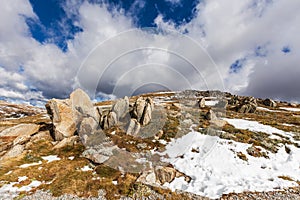 Clouds, snow, and rocks of Australian Alps.