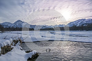 Clouds spectacular in the reutte holiday region on the river lech in winter