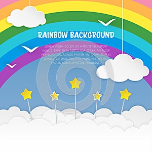 Clouds with stars and birds silhouettes on the rainbow background. Cloudy sky background. Colorful cloudscape background.