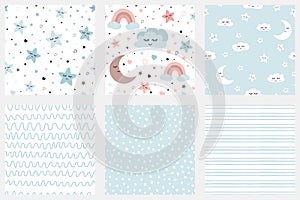 Clouds stars kids seamless pattern Vector set of background patterns in pale blue