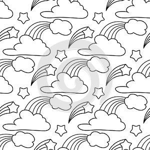 Clouds, stars, rainbow seamless pattern. Cartoon pattern for kids coloring book
