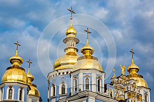Clouds surround St Michaels in Kiev classic golden cupolas of th