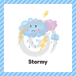 Clouds, thunderstorm. Cute weather stormy for kids. Flash card for learning with children in preschool, kindergarten and