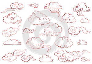 Clouds in traditional Chinese style. Big set of weather elements clouds, fog, cloudlet, wind