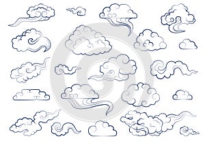 Clouds in traditional Chinese style. Big set of weather elements clouds, fog, cloudlet, wind