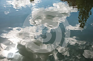 Clouds and tree reflected in canal water surface on a sunny day in Weesp