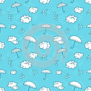 Clouds and umbrella cartoon seamless pajama pattern for kids.
