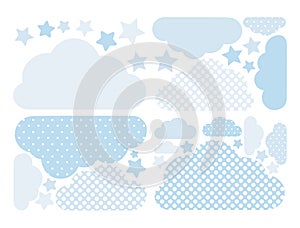 Clouds vector collection in pastel blue colors with white polka dots. Cloud computing pack with stars.