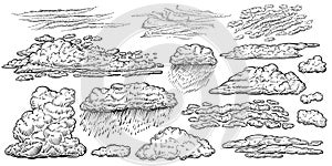 Clouds vector hand drawn set. Weather line sketches in vintage style.