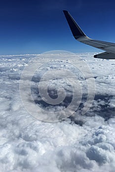 Clouds and wings of a plane from a plane window