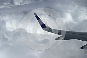 Clouds and wings of a plane from a plane window