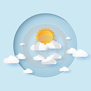 Cloudscape, blue sky with cloud and sun in circular frame