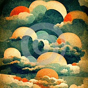 Cloudscape, blue sky with clouds and suns, retro art style