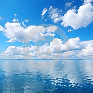 cloudscape. clouds in blue sky and reflection in a large lake. White cumulus clouds in sky over blue sea water landscape, big