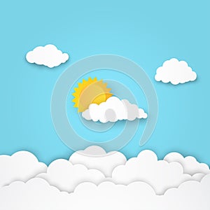 Cloudscape, clouds and sun with blue sky background, paper art style