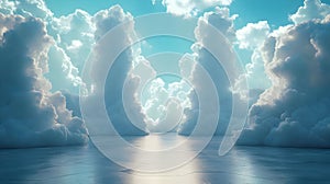 Cloudscape Illustration with Blue Sky and Reflective Surface