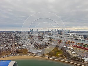 Cloudy aerial view of the Boston downtown landscape