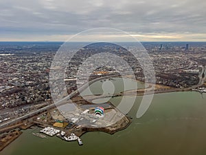 Cloudy aerial view of the Boston downtown landscape
