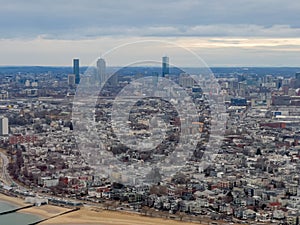 Cloudy aerial view of the Boston downtown landscape