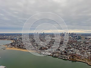 Cloudy aerial view of the Boston downtown landscape