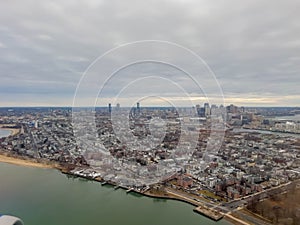 Cloudy aerial view of the Boston downtown landscape