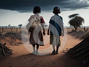 On a cloudy afternoon, two children face the African desert