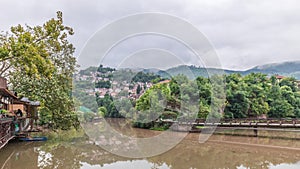 Cloudy autumn morning on Miljacka river timelapse in Sarajevo, Bosnia and Herzegovina