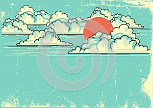 Cloudy blue sky background with red sun.Vector nature illustration on old paper texture