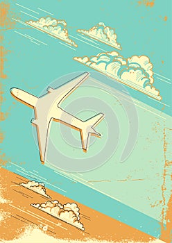 Cloudy blue sky retro background with airplane for text