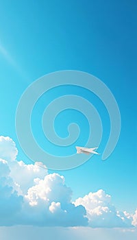 Cloudy blue sky with a small paper plane visible fluffy clouds wispy